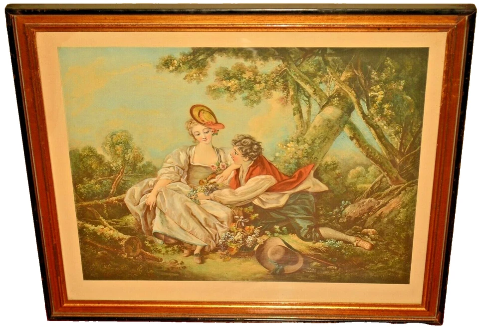 FRANCOIS BOUCHER Original Antiguo Amantes del Otoño Retrato Renacimiento Litografía Foto 1 de 4