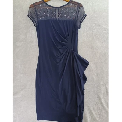 Vestido Joseph Ribkoff Midi Talla 10 Azul Vaina Acanalada Cuentas Malla Cóctel Noche Foto 1 de 4