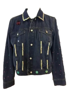 Womens XL Embellished Stretch Dark Wash Blue Denim Jean Jacket Faded Glory - Picture 1 of 4