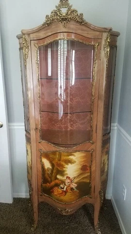 Antique French curio cabinet with gilt bronze decorative trim. Signed Cover