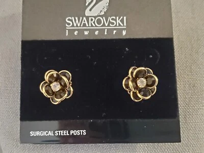 NWT Swarovski Bezel Rhinestone Flower Earrings Surgical Steel Posts Black &... - Image 1 of 4