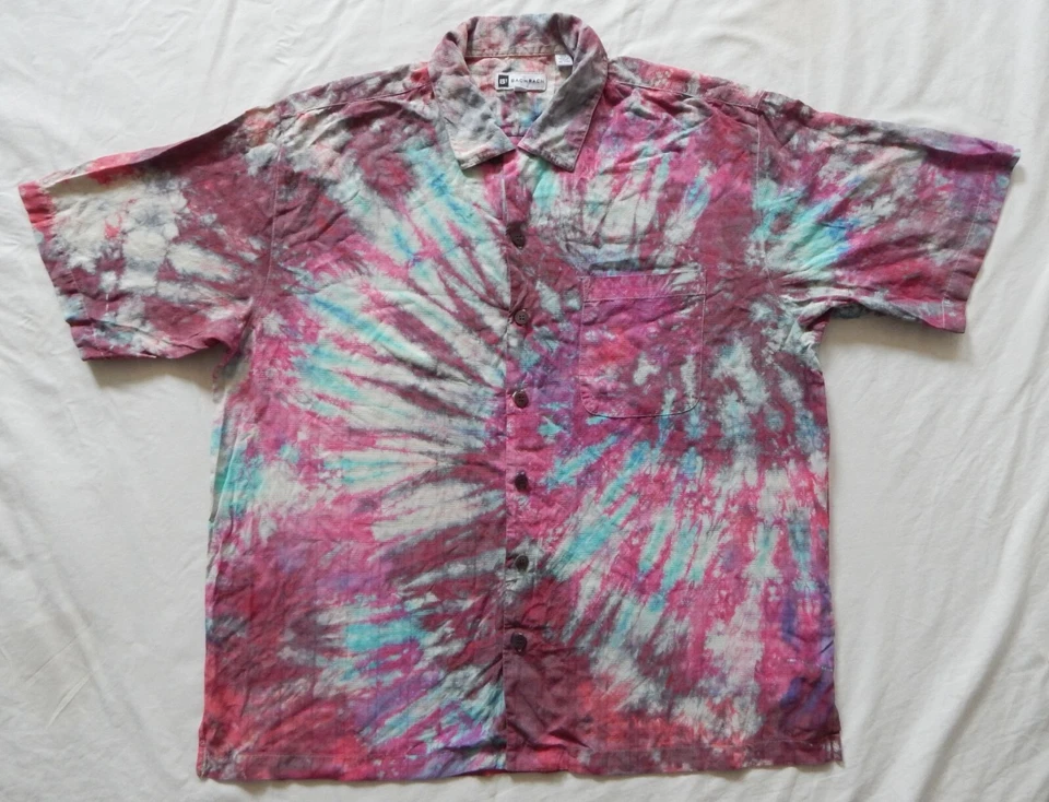 Silk Tie Dye Pink Red Spiral Black Short Sleeve Shirt - XL Mens Button Up - Image 1 of 4