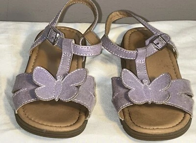 Sandalias antiguas azul marino para niñas pequeñas talla 11 correas en los dedos púrpura/gancho y bucle mariposa usadas en excelente estado Foto 1 de 4