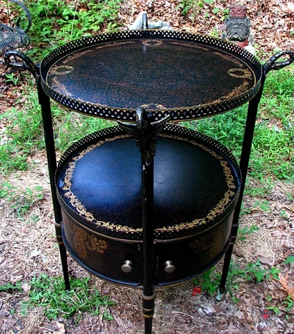 ANTIQUE TOLE BAR TABLE *TRAY TOP* SWAN HANDLES c.1950'S !WON-DER-FUL! Cover