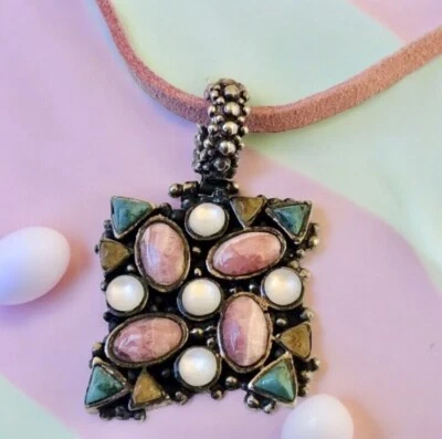 Colgante BARSA Vintage Plata de Ley Rosa y Blanco y Turquesa Gamuza Cordón   Foto 1 de 4