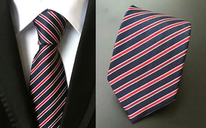 Cravate Marine Bleu Rouge Rayé Fait à la Main Homme Habillé Mariage Cravate - Imagen 1 de 2