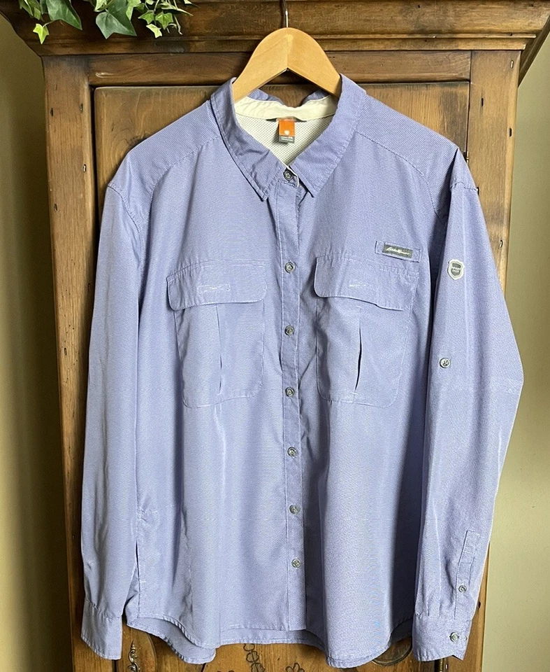 Camisa abotonada Eddie Bauer Sport Shop para mujer 2XL L/S con lengüeta enrollable azul/blanco Foto 1 de 4