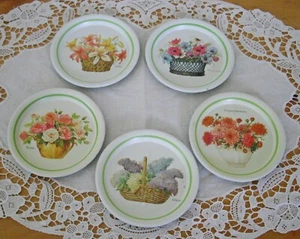 Vintage Metal Tin 3 /12" Round Coasters Flowers ~ Set of 5 ~ - Picture 1 of 7