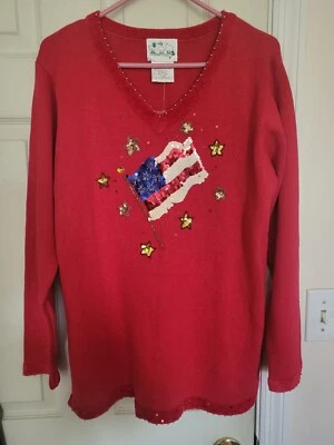NWT The Quacker Factory Red Womens Patriotic Sweater W/Sequined Flag & Stars - Image 1 of 4