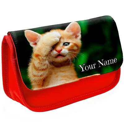Personalised Cat Pencil Case Girls Red School Kitten Stationary Bag Gift ST788 - Image 1 of 4