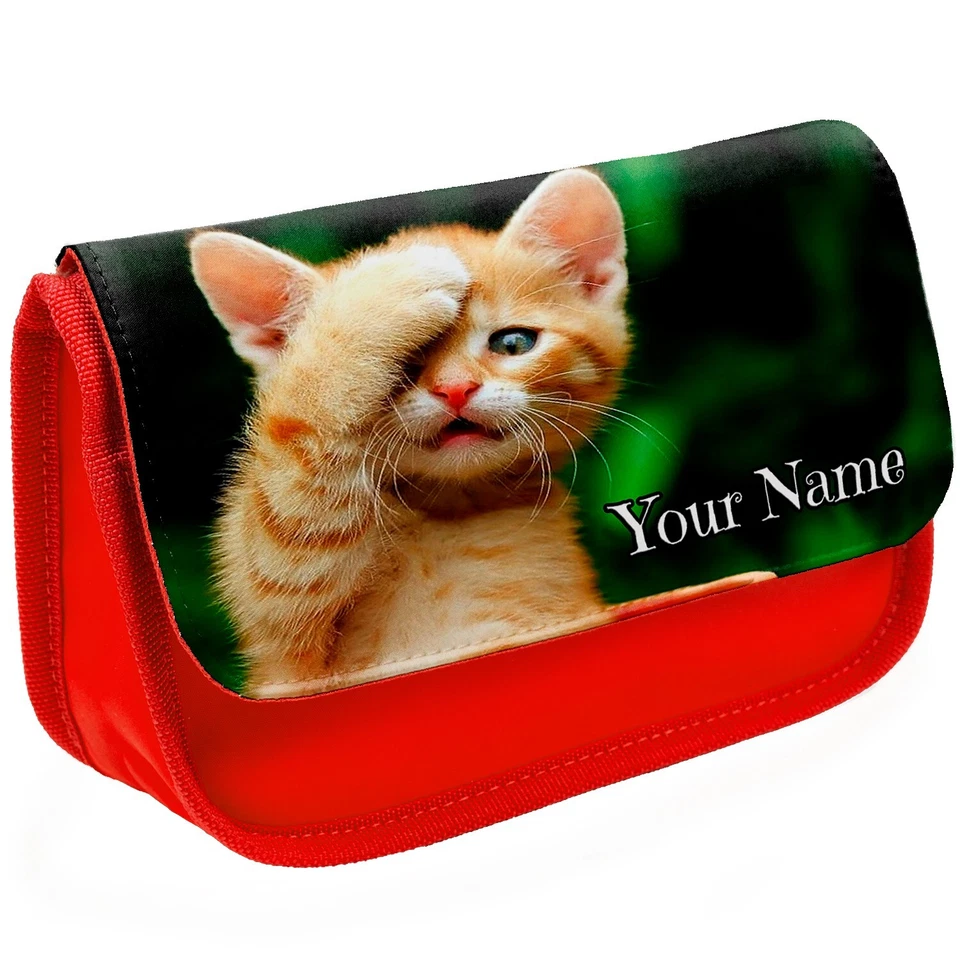 Personalised Cat Pencil Case Girls Red School Kitten Stationary Bag Gift ST788 - Image 1 of 4