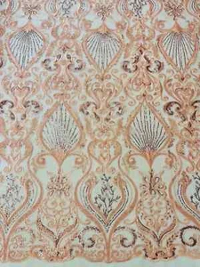 Leaf Damask Bead Fabric - Pink - Embroidery Sequins Heavy Beaded Fabric Yard - Picture 1 of 4