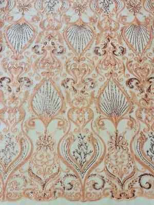 Tela de cuentas de damasco hoja - rosa - lentejuelas bordadas tela de cuentas pesadas patio Foto 1 de 4