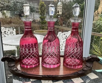 TRIO ART DECO CASED RUBY LUSTRE CZECH CUT TO CLEAR DECANTERS FACET STOPPER 12.5” - Image 1 of 4