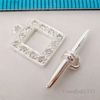 1x STERLING SILVER BRIGHT CZ CRYSTAL SQUARE TOGGLE CLASP 10mm #2179 - Image 1 of 2