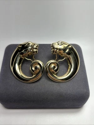 Wonderful 14k Solid Yellow Gold Large Panther Cougar Omega Back Earrings - Image 1 of 4