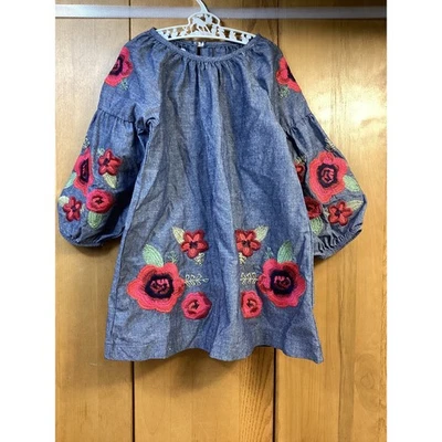 Mudpie Little Girls 学步儿童 3T 码连衣裙轻便牛仔刺绣花朵 — 第 1/4 张图片