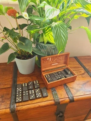 Vintage Dominoes Set Late 19th Century By Tallent England Wooden & Leather box - Image 1 of 4