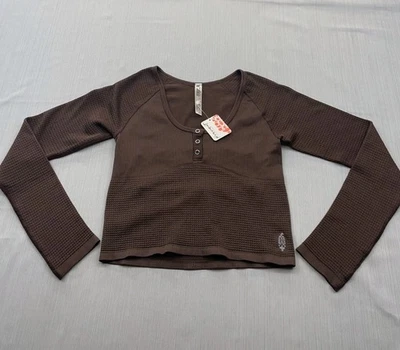 New Free People FP Movement Bail Out Henley Top Medium / Large Stretch Brown $68 - Image 1 of 4
