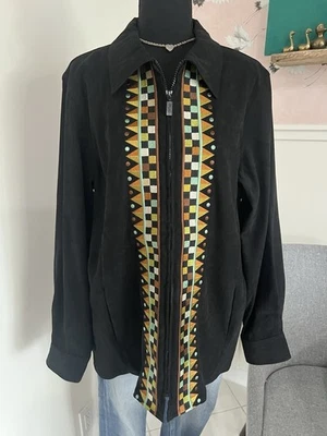 Bob Mackie Black Faux Suede Southwest Horse Embroidery Full Zip Jacket Size L - Image 1 of 4