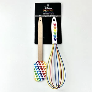 Disney White Silicone Wooden Rainbow Pride Mickey Icon Spatula Whisk Set of 2 - Picture 1 of 2