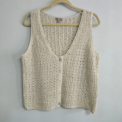 J Jill M Botón Frontal Suéter Chaleco Sin Mangas Tejido Abierto Top Beige Costero Boho Foto 1 de 4