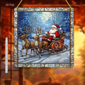Santa Sleigh Reindeer Christmas Scene Suncatcher Stained Glass Effect Decor Gift - Picture 1 of 3