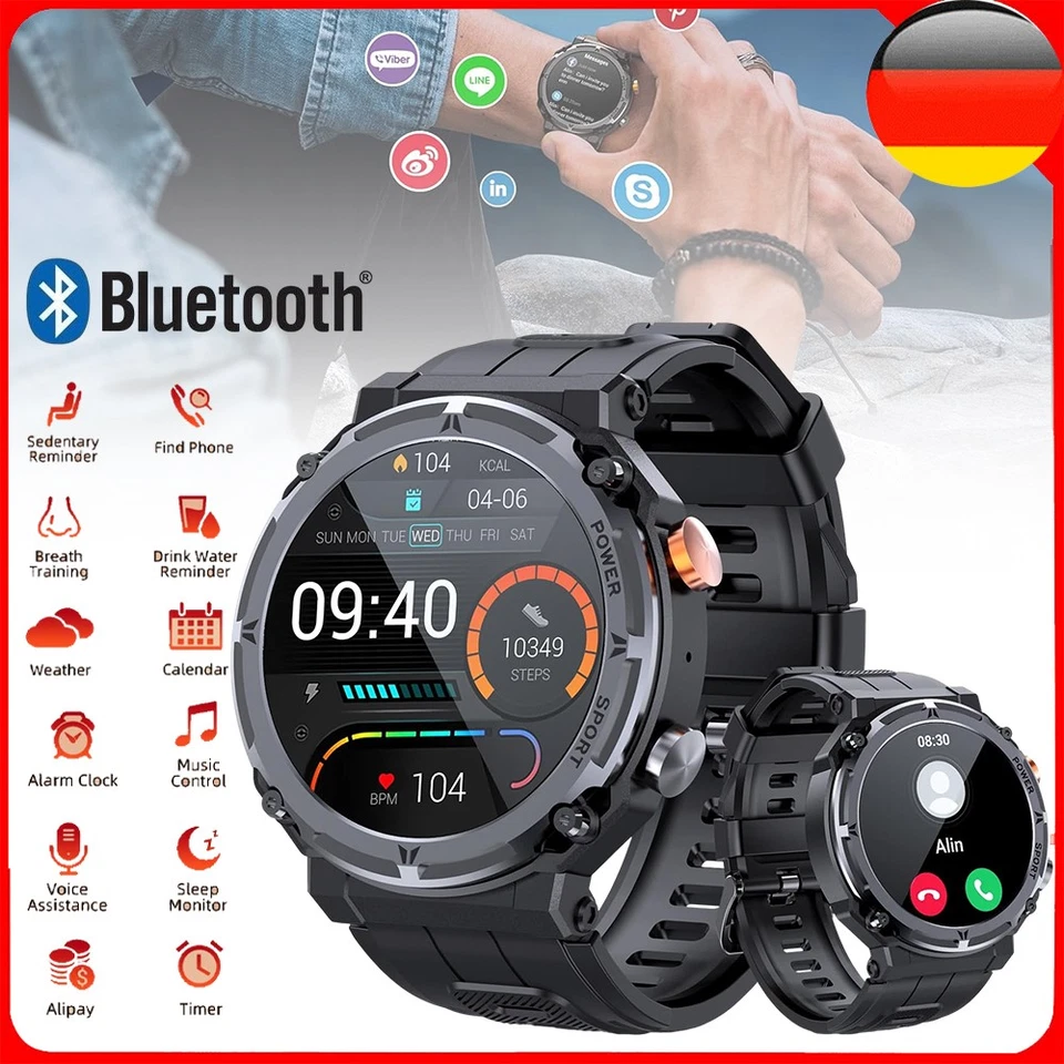 Bluetooth Luxus Smartwatch Herren watch Fitness Herzfrequenz Pulsuhr Blutdruck - Bild 1 von 4