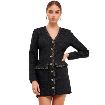 Vestido Dama Tweed Rosa Sin Fin Talla S Negro Dorado Botones Oficina Sirena Dinero Antiguo Foto 1 de 4