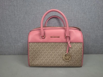 Bolso Cartera Michael Kors Jet Set Marrón Firma PVC con Borde de Cuero Rosa Foto 1 de 4