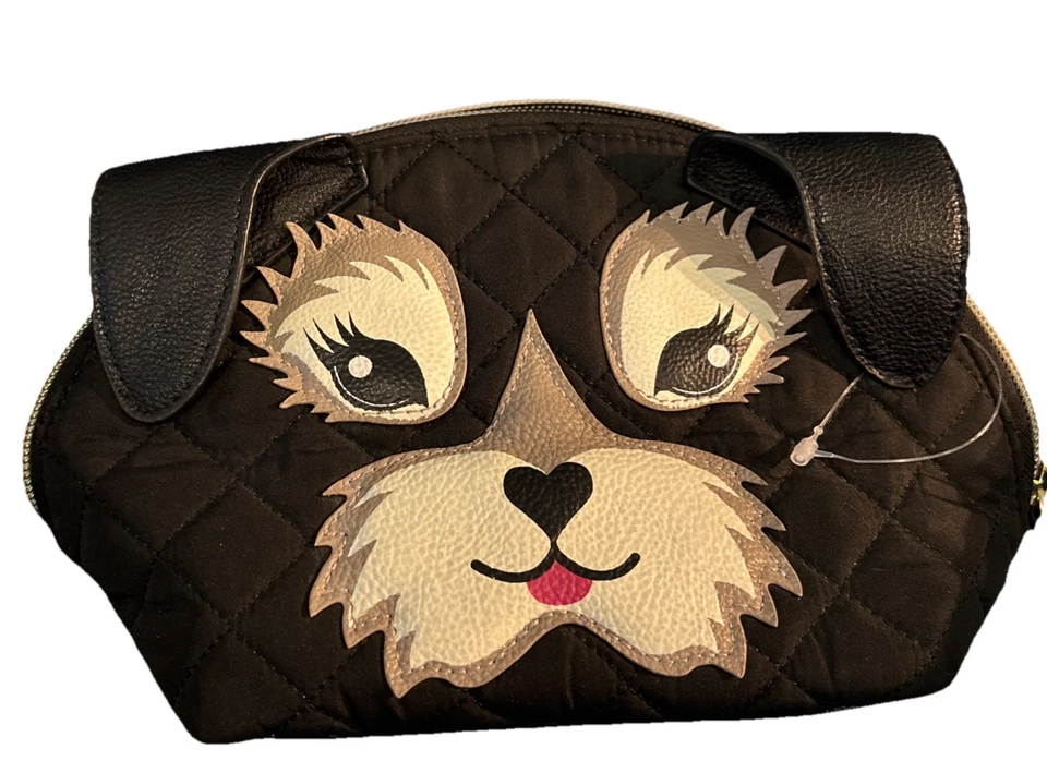 Betsey Johnson Kitsch "Fritzy" Dog Quilted Cosmetic Bag Case BLACK New W/out Tag - Image 1 of 4