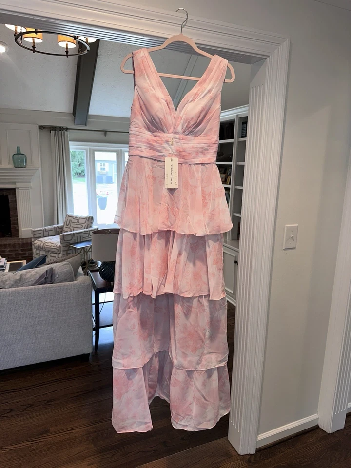 Vestido floral rosa de gasa con volantes en capas para mujer talla US 12  Foto 1 de 4