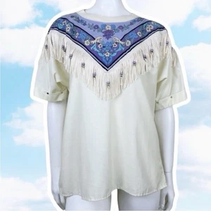 Hazel Woods Retro Floral Fringe Dolman Top M Boho Southwestern Cowgirl Prairie - Picture 1 of 14