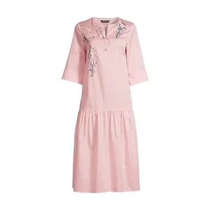 MISOOK Embroidered Drop Waist Short Sleeve Midi Dress Pink Sz XL NWT - Picture 1 of 12