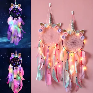 Unicorn Dream Catcher Feather w/ LED Light Boho Style Bedroom Wall Hanging Decor - Picture 1 of 14
