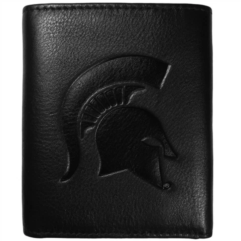 Michigan State Spartans Tri-Fold Leather Wallet Embossed Black NCAA College Team Cover