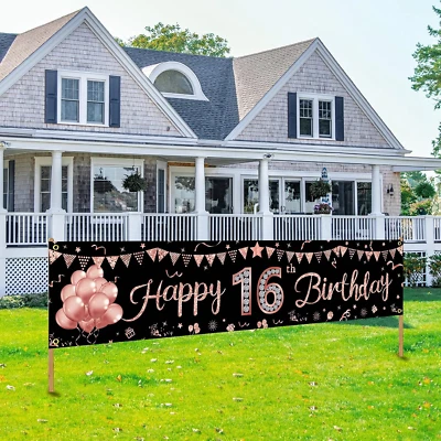 Decorações de banner feliz aniversário de 16 anos para meninas, ouro rosa doce aniversário de 16 anos Pa - Imagem 1 de 4