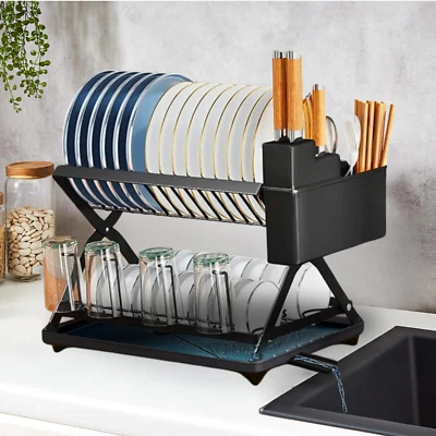 DRYING IN THE AIR Collapsible Dish Drainer Rack With Drip Tray, Cutlery Drainer & Drainage Spout