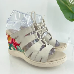 Born Piru Wedge Sandals Women's 8 Tropical Floral Lace Up Gladiator Boho Leather - Picture 1 of 15