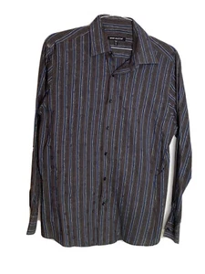Report Collection Mens L Shirt Brown Striped Dress Long Sleeve Collared Buttons - Picture 1 of 12