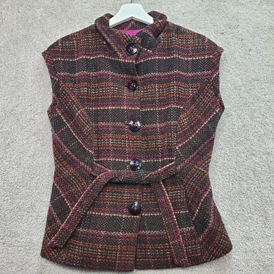Chaleco Cabi Cinch it Up para mujer mediano marrón tweed lana a cuadros cinturón botón delantero Foto 1 de 4