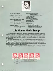 USPS Souvenir Panel 90-6 Scott # SP716 US Stamp Scott # 2173 5 Cents Luis Marin - Picture 1 of 1