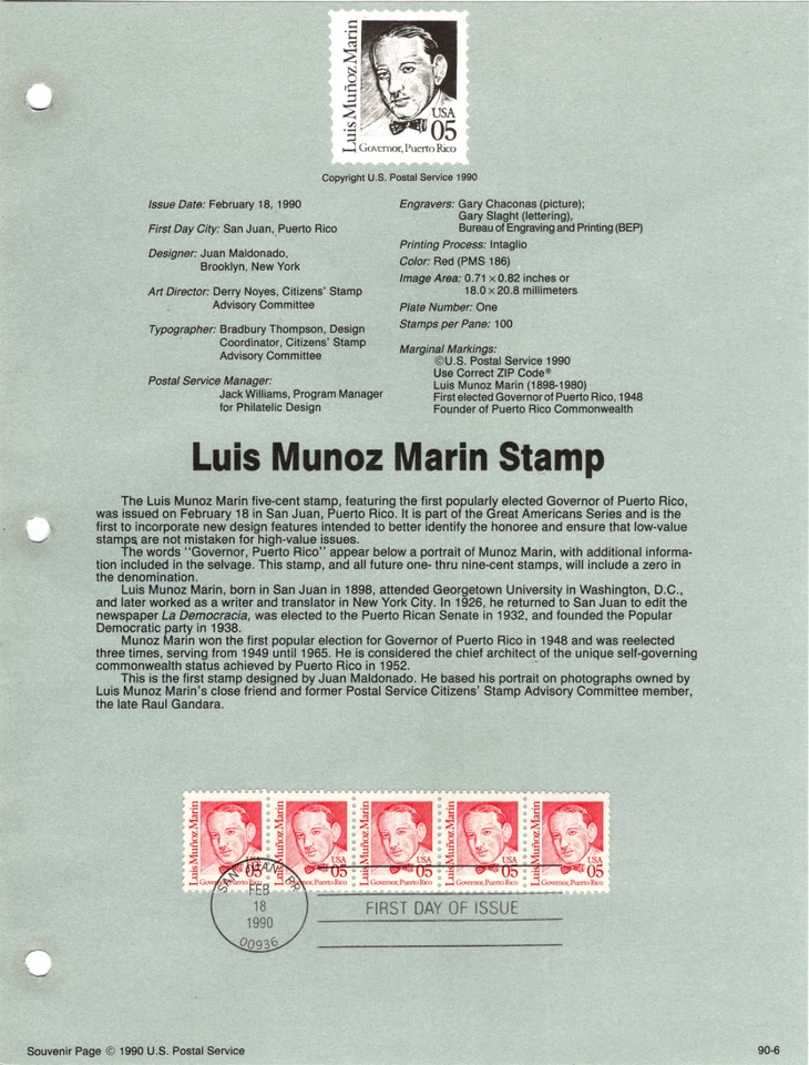 USPS Souvenir Panel 90-6 Scott # SP716 US Stamp Scott # 2173 5 Cents Luis Marin - Image 1 of 1