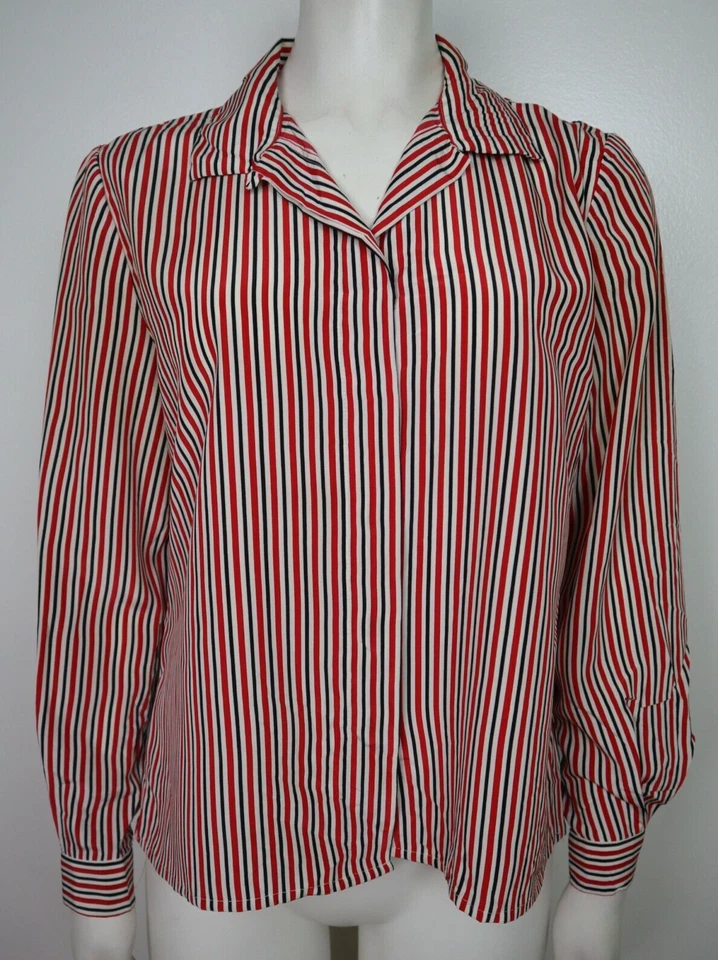 Blusa para mujer Leslie Fay talla PM roja a rayas abotonada vintage manga larga Foto 1 de 4