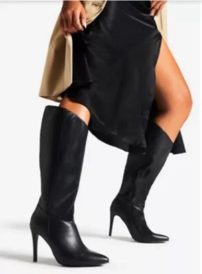 Botas hasta la rodilla para mujer negras talla 8 imitación cuero 4” tacón Night Is Young cremallera calzado Foto 1 de 4