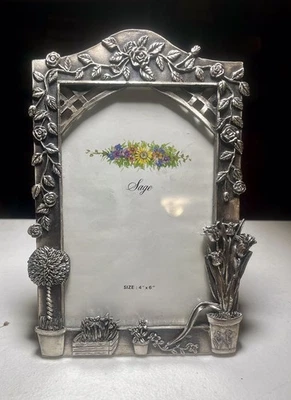 "Marco de fotos de jardín de metal pesado tono peltre plateado marca Sage 4"" X 6""" Foto 1 de 4