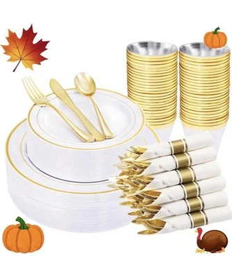 感恩节盘子杯餐巾套装一次性210件秋收桌装饰 — 第 1/4 张图片