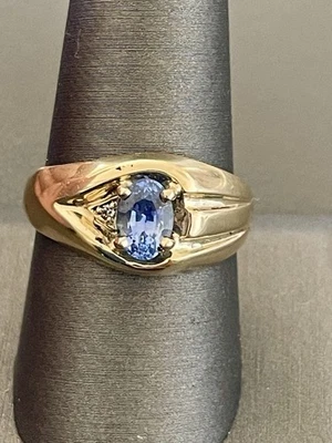 Anillo para hombre de oro amarillo de 14 quilates de 1,3 quilates con zafiro azul verdoso y diamantes de 0,01 quilates. S 9,5 (G3) Foto 1 de 4