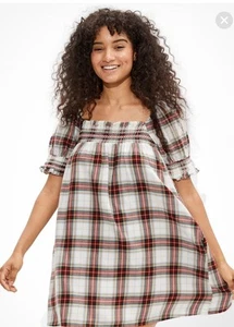 NWT!! AMERICAN EAGLE Plaid Babydoll Dress Sz L Tall Red Green Pockets Casual - Picture 1 of 12