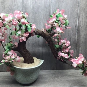 Bonsai Glass Cherry Blossom Tree  Celadon Pot Large 18" Wide and Heavy - Picture 1 of 14